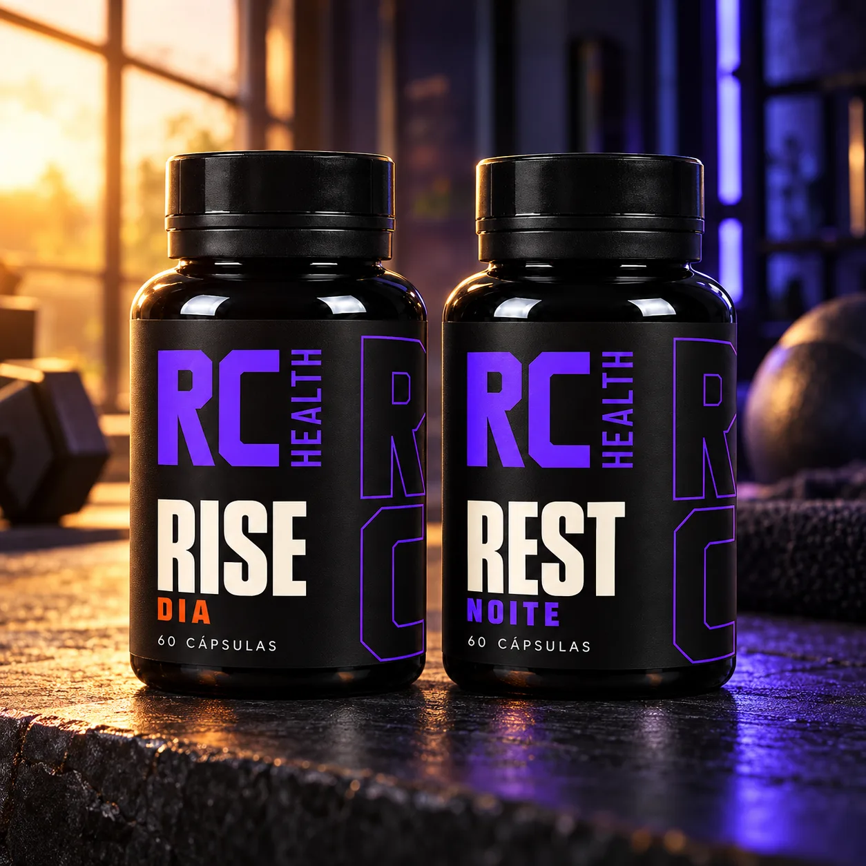 Frascos do RC Rise e do RC Rest lado a lado na academia