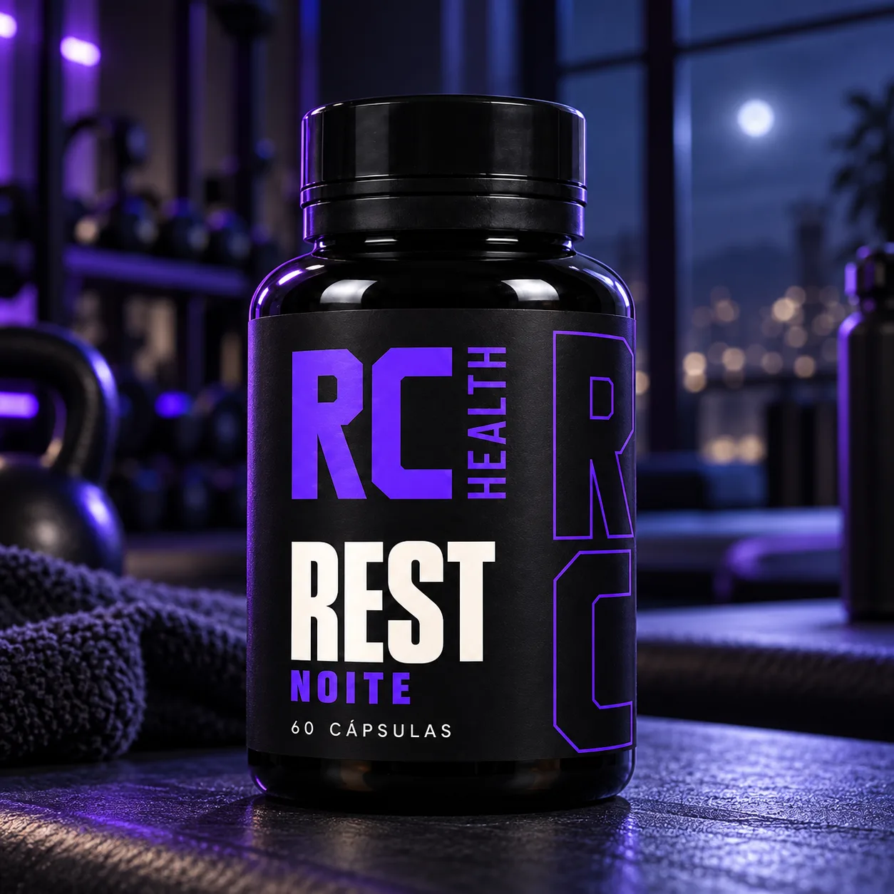 Frasco do RC Rest na academia, à noite