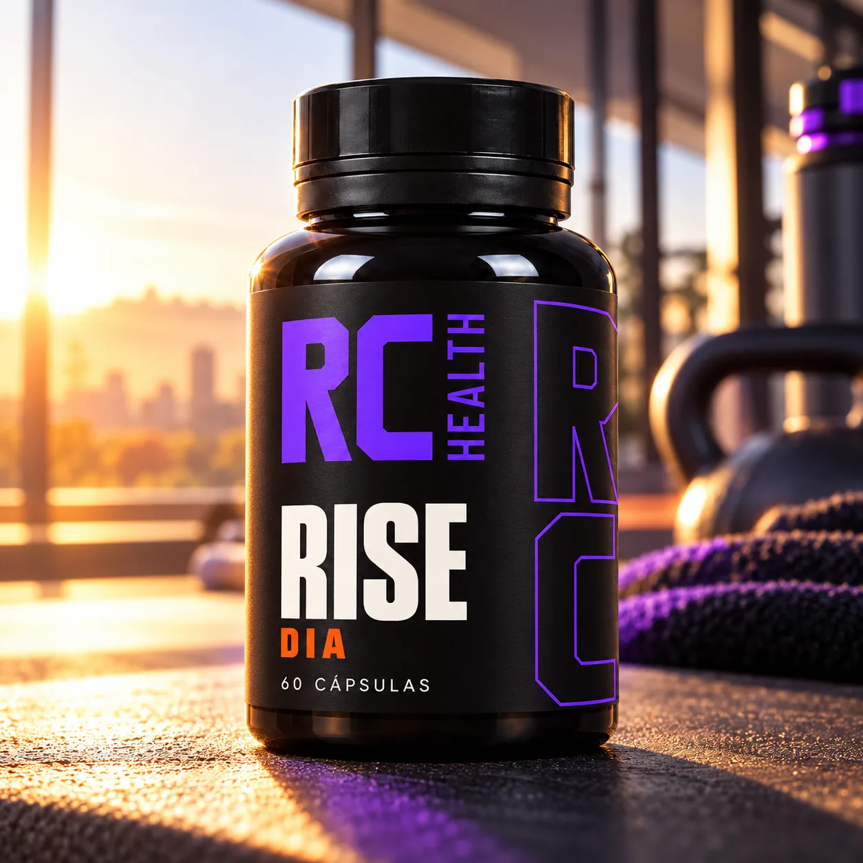 Frasco do RC Rise na academia, ao amanhecer